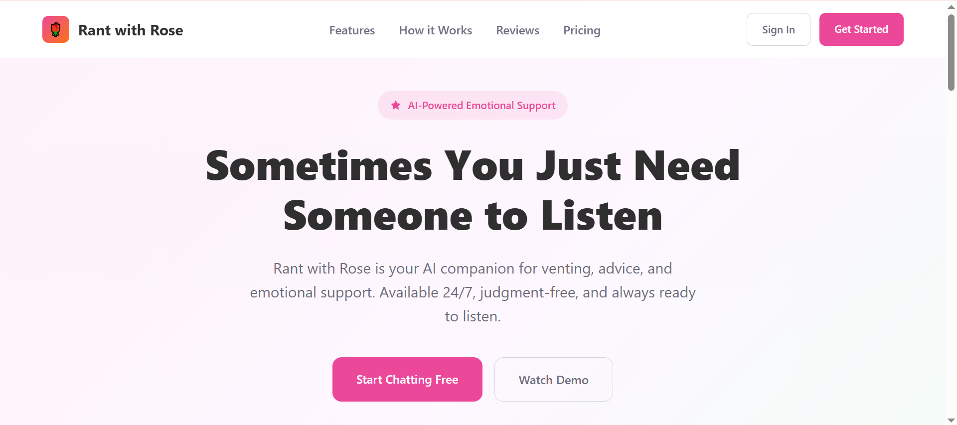 Screenshot of the Rant With Rose AI therapist chatbot